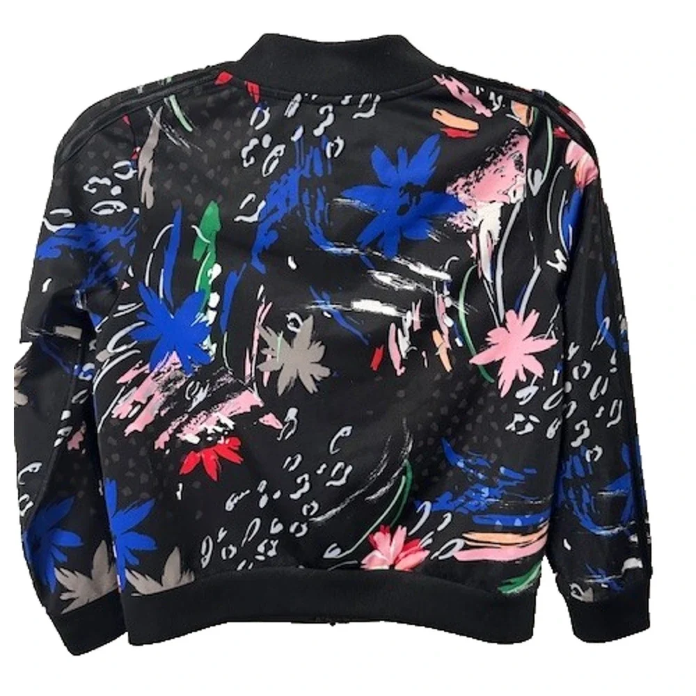 Adidas Track Jacket Black Blue Pink Floral Full Zip Front Girls Sz M 10/12